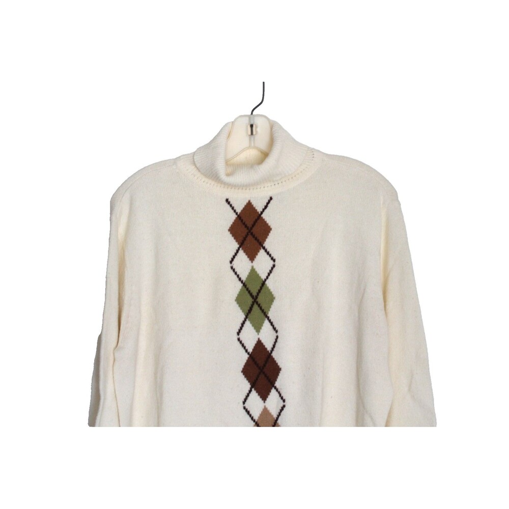 Emma James Women's Ivory Turtle Neck Pullover Sweater Argyle Stripe Sz L